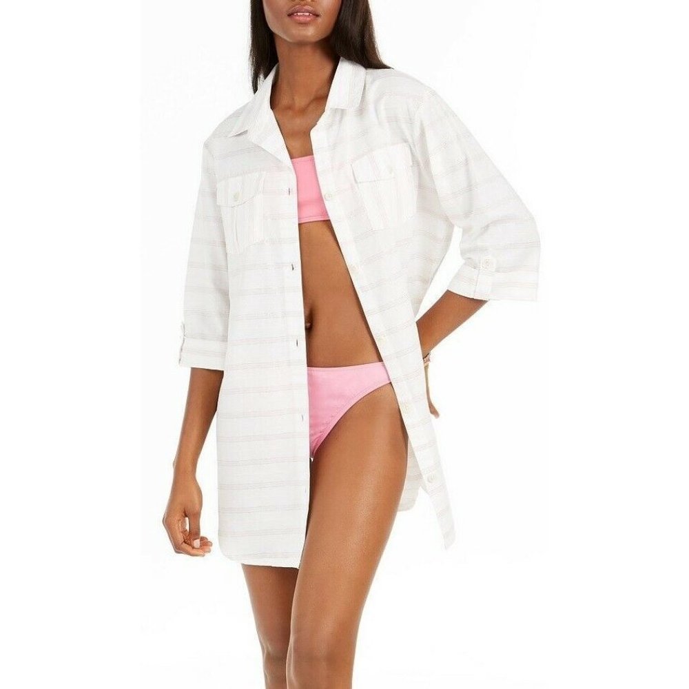 Dotti Womens Radiance Striped Shirtdress Swim Cover Up Pink White size Small